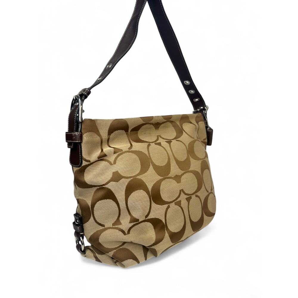 Vintage Coach Signature Khaki Brown Jacquard Duffle Hobo Shoulder Bag F15067 - Picture 3 of 11
